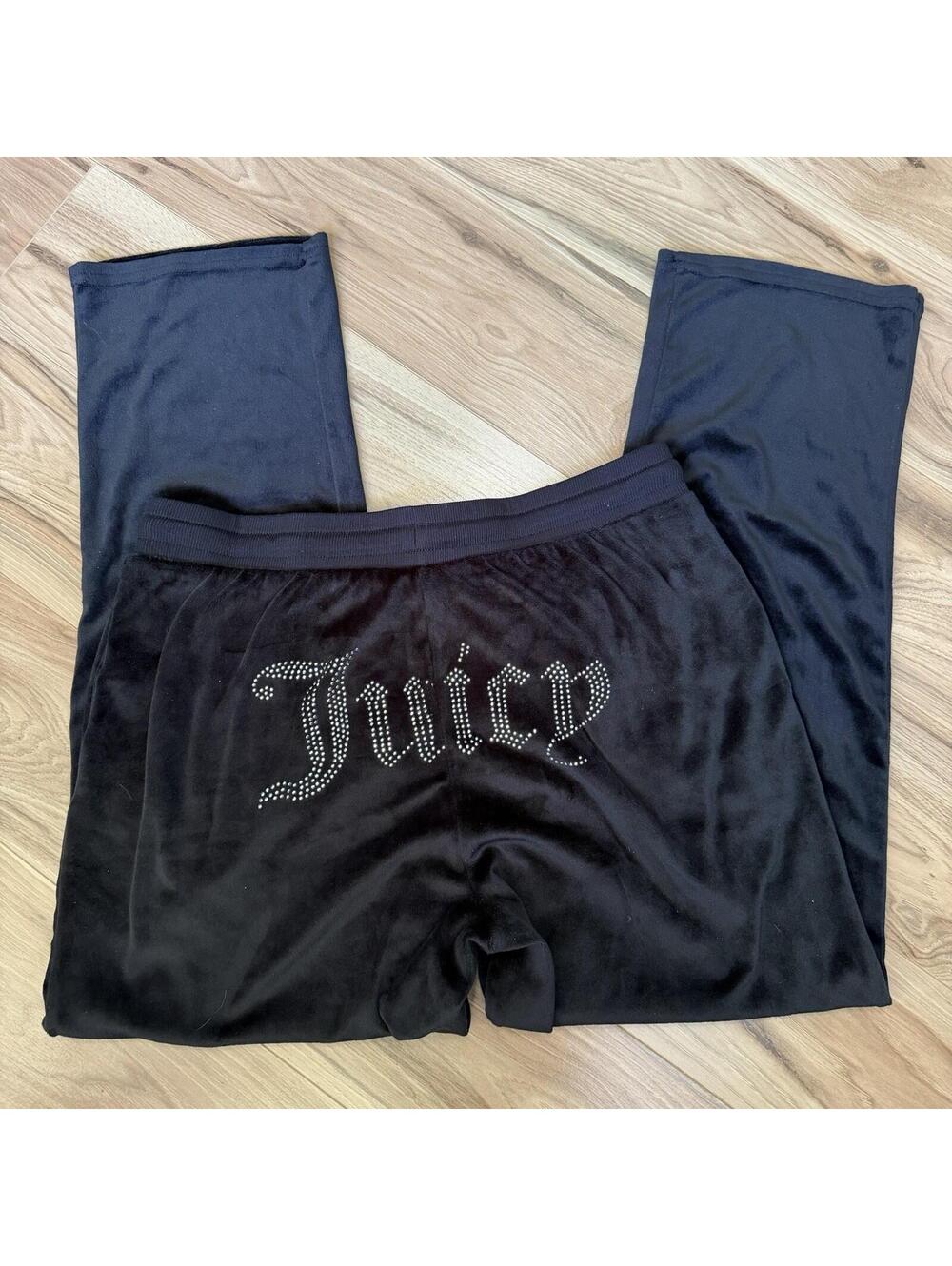 Juicy Couture Black Velour Rhinestone Spellout Track Pants Size L Y2K